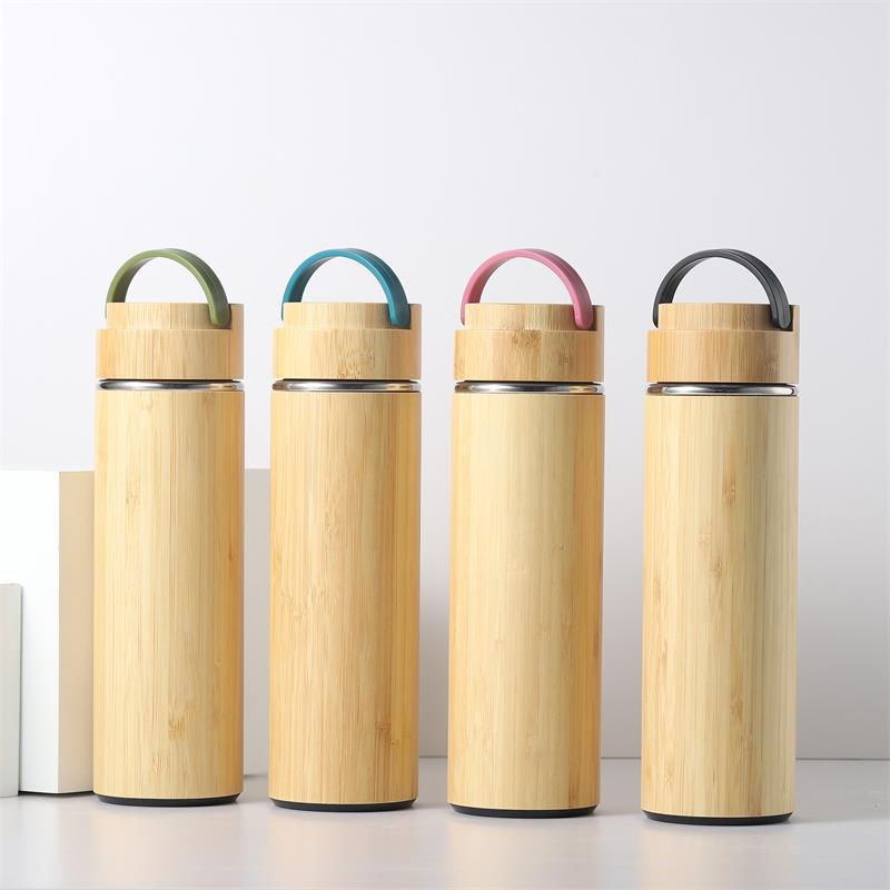 2022 nuevos tumblers botella de agua de bamb￺ 450 500 ml de aspiraci￳n creativa copa de acero inoxidable con colador de t￩ tapa de madera recta