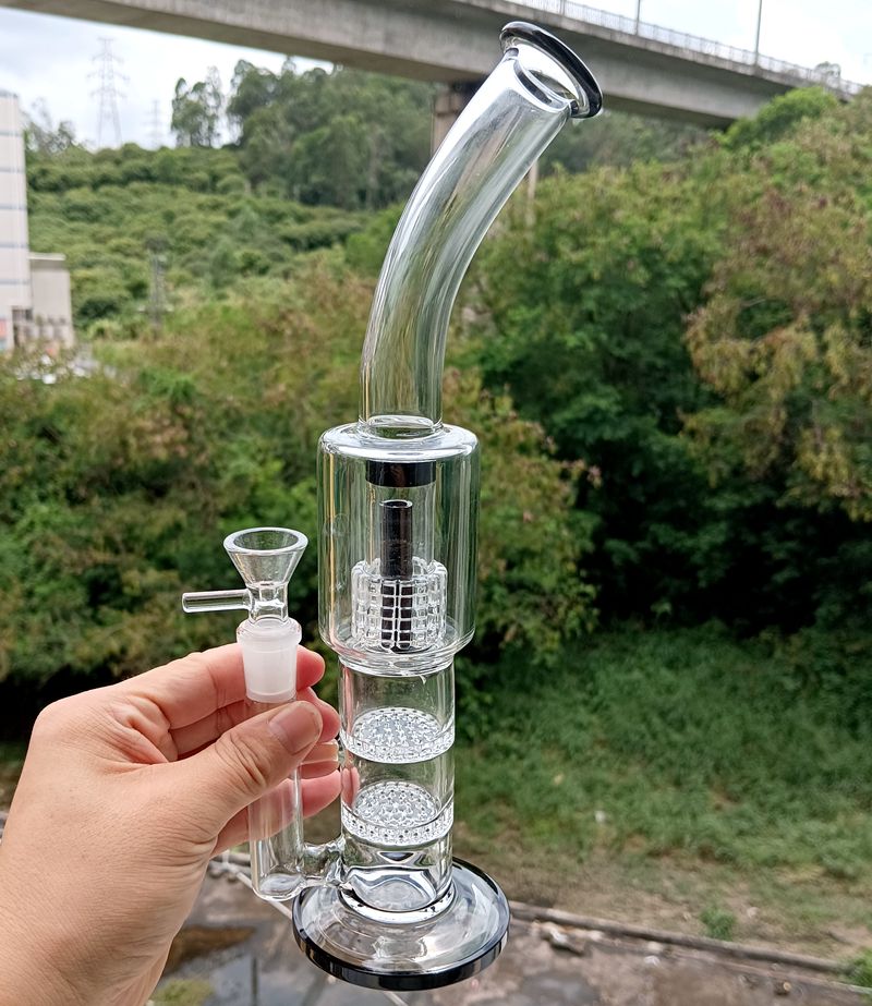 12 inch Clear Glass Water Bong Hookahs with Tire Perc Double Honeycomb Filters Oil Dab Rigs Smoking Pipes