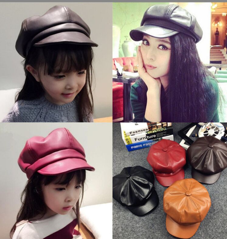 Chapeaux en cuir PU pour enfants mode et assorti chapeau octogonal britannique bébé casquette automne et hiver bérets vintage