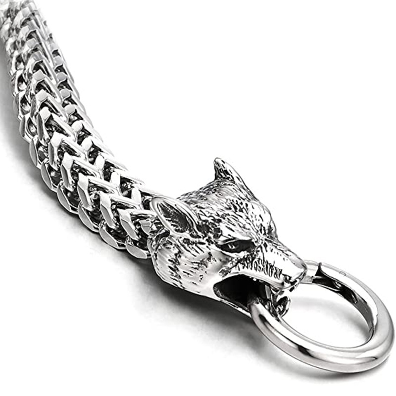 Wolf Head Franco Link Chain Bracelet Vintage Personality Stainless Steel Viking Wolfs Heads Bracelets For Men Women 19 21cm