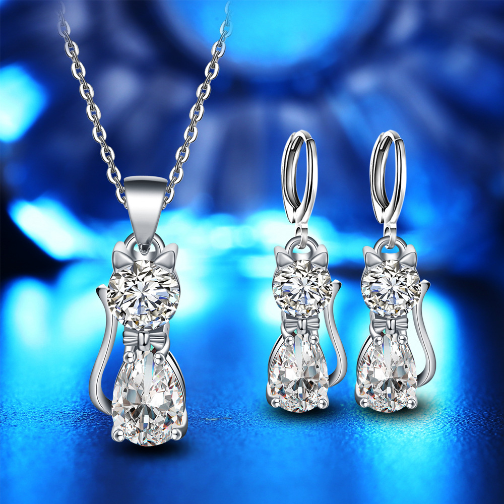 Mode 925 argent Sterling cristal cubique zircone ensemble de bijoux pour les femmes mignon chat pendentif collier boucles d'oreilles bijoux cadeau de mariage