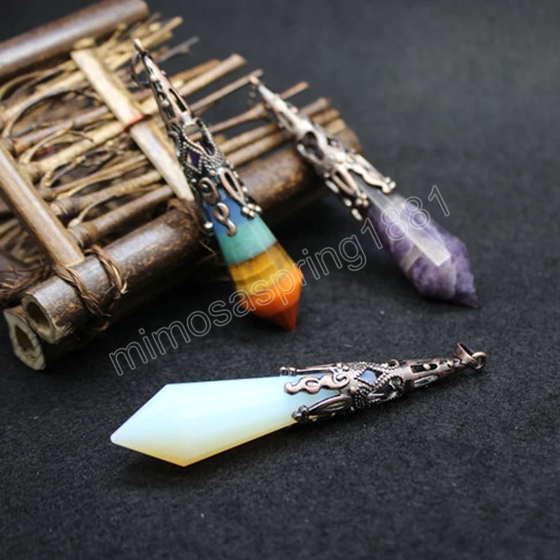 7 Chakras Natural Stone Pendulum Charms para Dowsing Divination Crystal Pillar Hexagonal Healing Point Reiki Pingente Pir￢mide Wicca