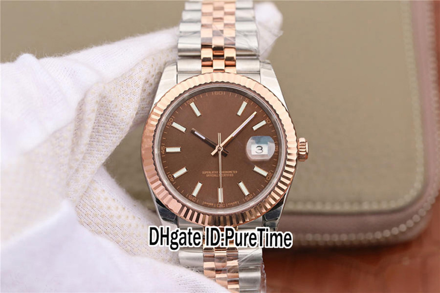 EWF Bara 126331 A3235 Automatisk herrklocka 41 Two Tone Rose Gold Fluted Bezel Brown Stick Dial Jubileesteel Armband Super Edition Samma Series Card Puretime B2