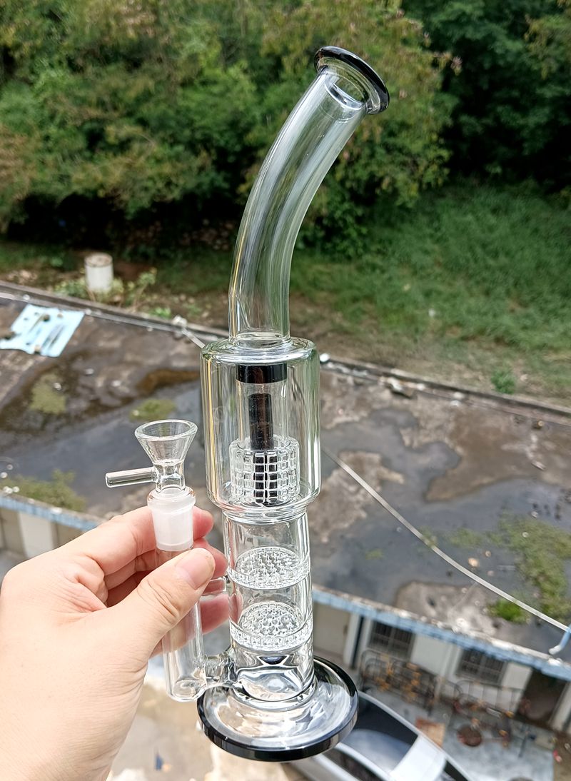 12-Zoll-Wasserbong-Wasserpfeifen aus klarem Glas mit doppelten Wabenfiltern, Reifen-Perc-Öl-Dab-Rigs zum Rauchen