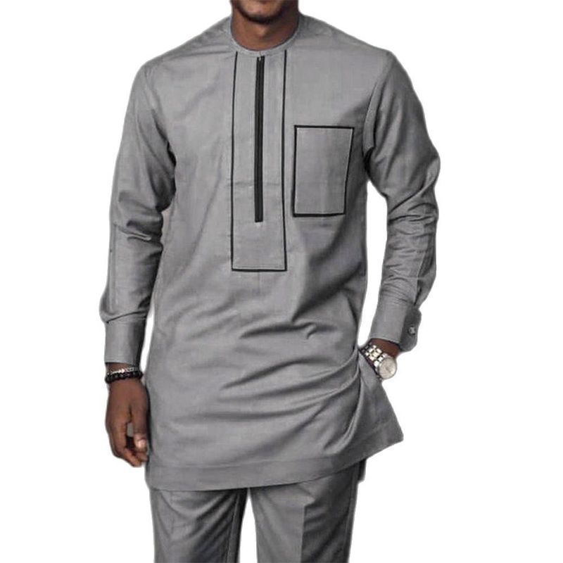 Hommes Survêtements Dashiki Hommes Ensemble Gris Zippied Social À Manches Longues T-shirt Pantalon 2 Pièce Tenue Vêtements Traditionnels Chemise Pantalon De Survêtement Homme M4XL 220909