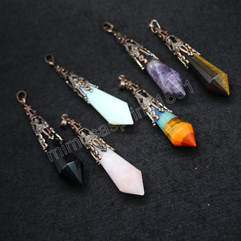 7 Chakras Natural Stone Pendulum Charms para Dowsing Divination Crystal Pillar Hexagonal Healing Point Reiki Pingente Pir￢mide Wicca