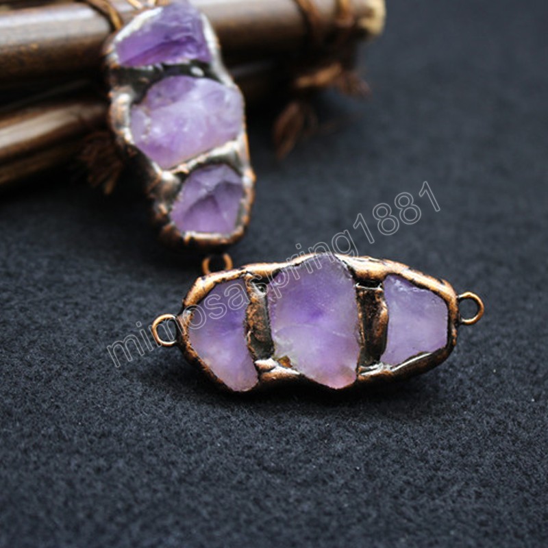 Naturel Gem Pierre Pendentif Charms Antique Cuivre Irrégulier Minerai Grappe Améthystes Violet Cristal Suspension Pendule Femmes Bijoux Reiki