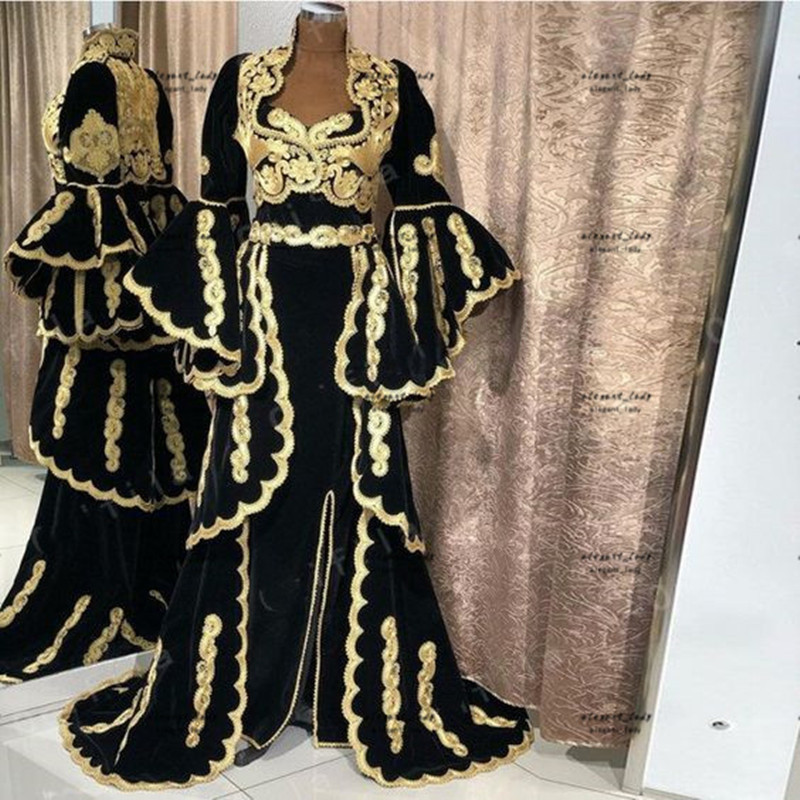 Traditionele Kosovo Albanese prom Formaljurken 2023 Zwart goud kanten moslim Arabische jas met lange mouwen Caftan avondjurk Vestido de fiesta