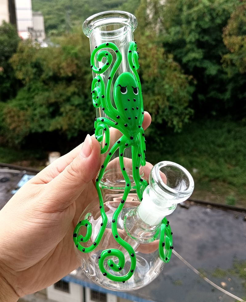 7.5 inch Mini Hookahs Green Glass Water Bong with Luminous Octopus Female 14mm Smoking Pipes Shisha