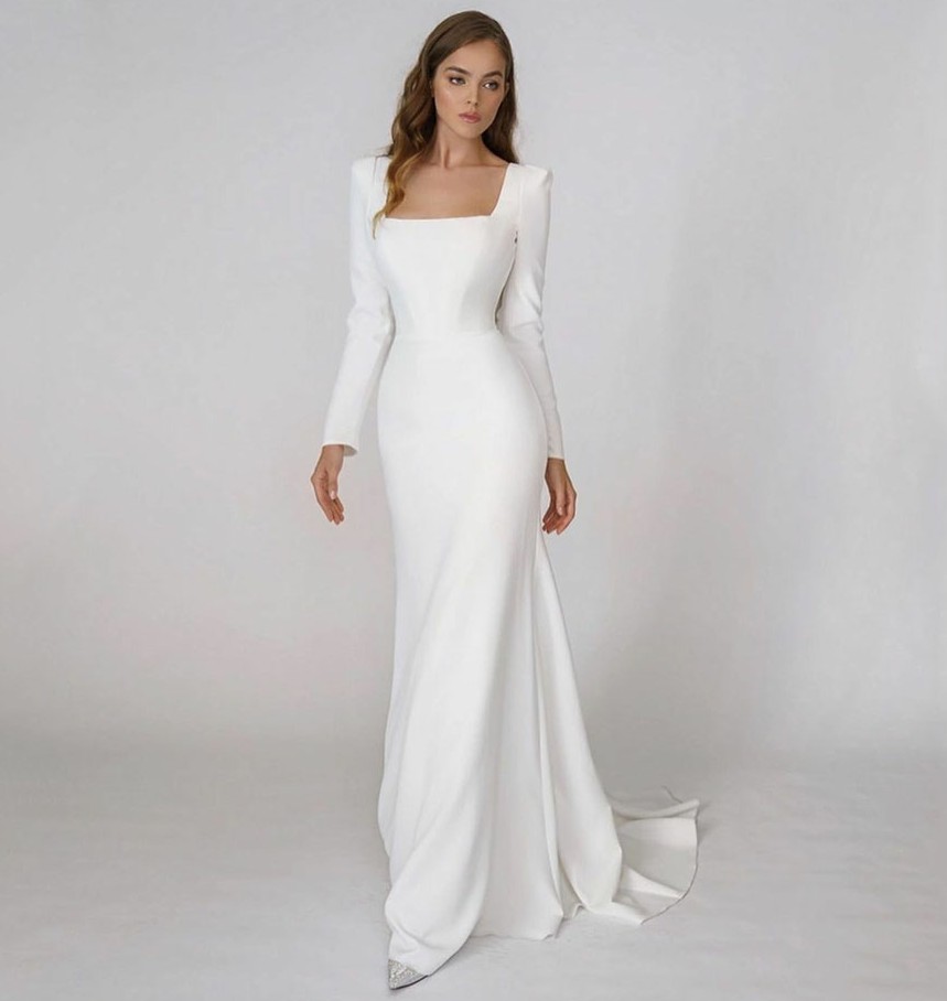 Elegant Satin Wedding Dress 2024 Modern Square Neck Long Sleeves Backless Mermaid Bridal Gowns Women New Vestido De Noiva