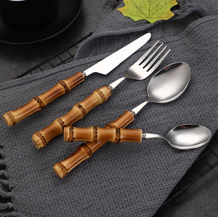 Bamboo Handle Flatware Set Stainless Steel Dinner Knife Fork Dessert Spoon Cutlery Sets SN4685