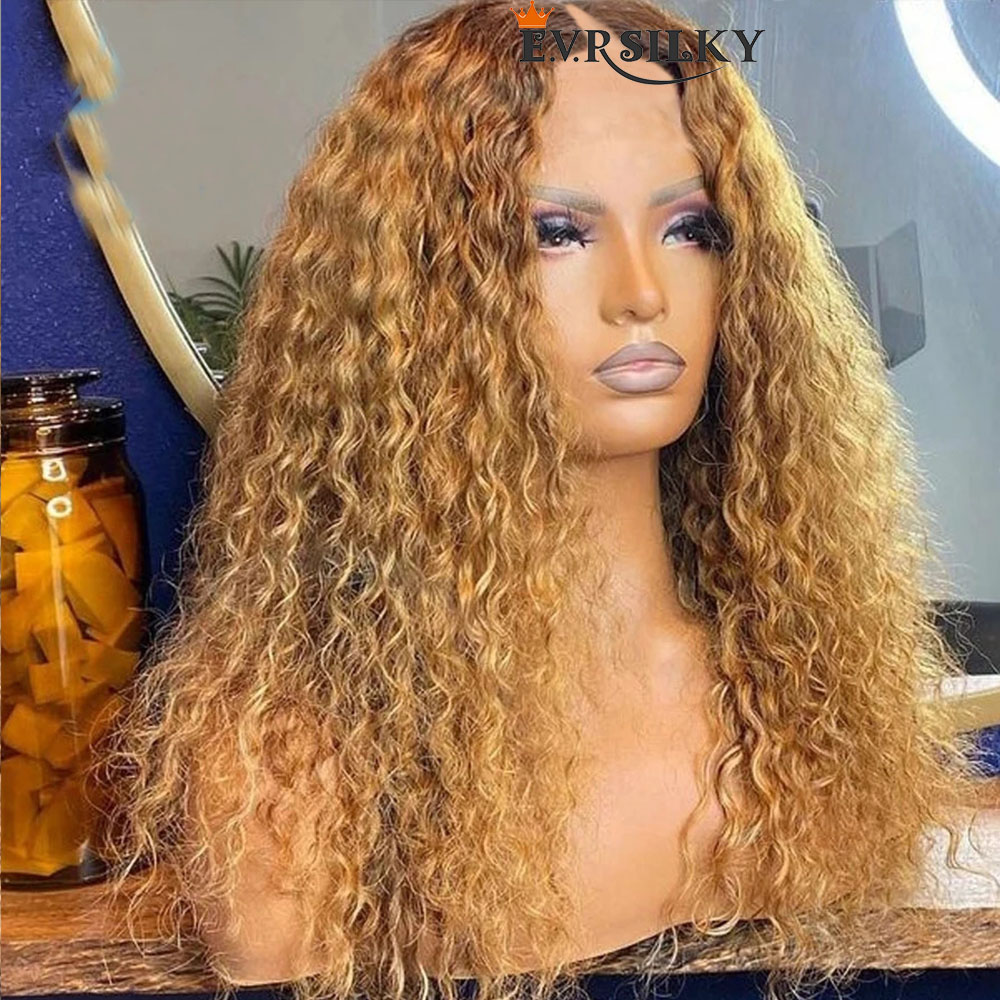 Ombre Honey Blonde Afro Kinky Curly perruque V Part Wigs100% perruque de cheveux humains Non transformé Bouncy Curl U Forme Full Machine Made Aucune dentelle