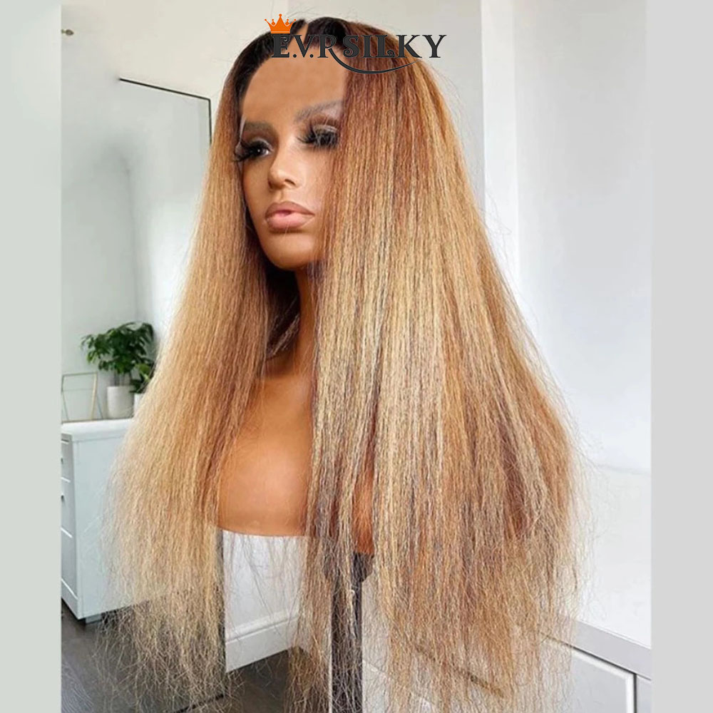 Ombre Honey Blonde Kinky Straight V Part Pelucas Sin procesar 100% Cabello humano Glueless Yaki Straight U Shape Peluca Full End None Lace