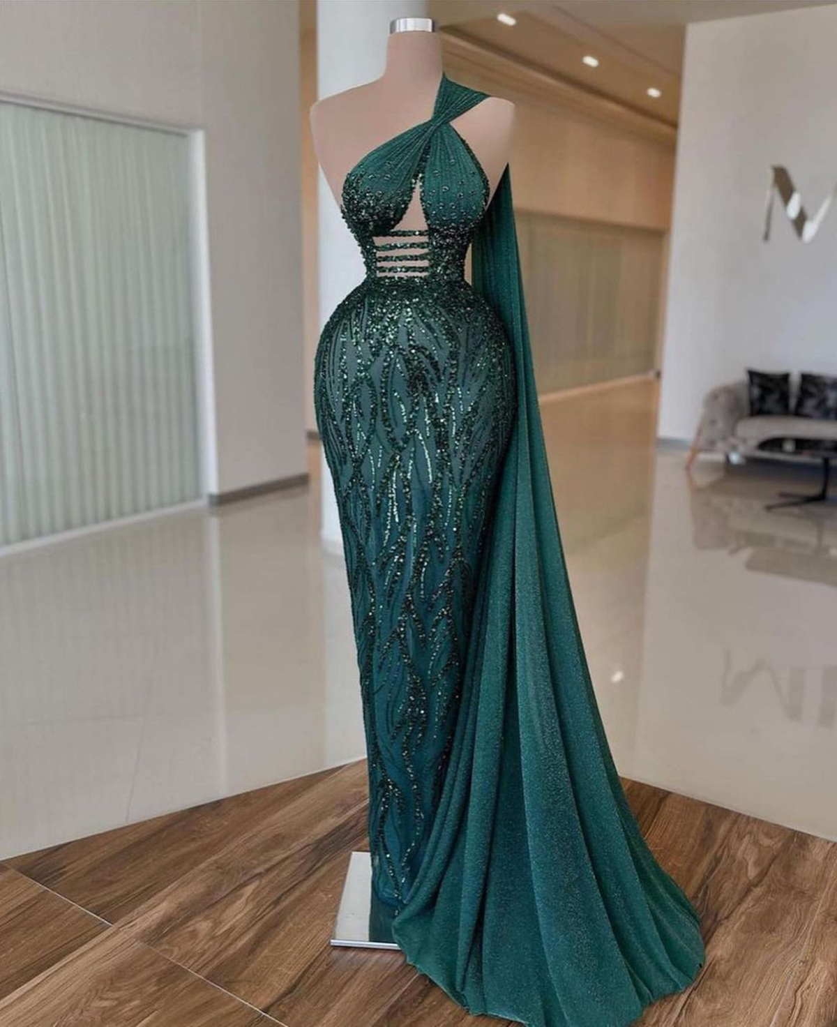 Classic Dark Green Prom Dresses Sequined One Shoulder Party Dresses Lace Sleeveless Custom Made Evening Dress