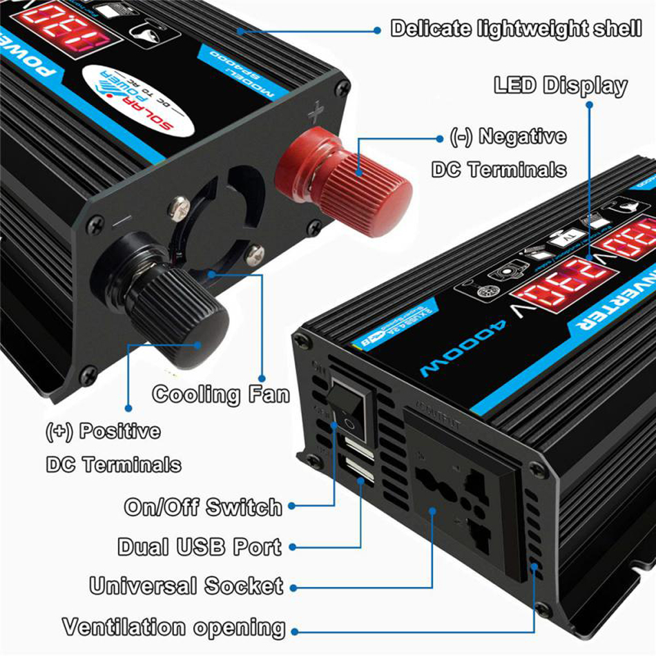 4000W 12V〜220V/110V LEDカーパワーインバーターコンバーター充電器アダプターデュアルUSB電圧トランス修正サイン波