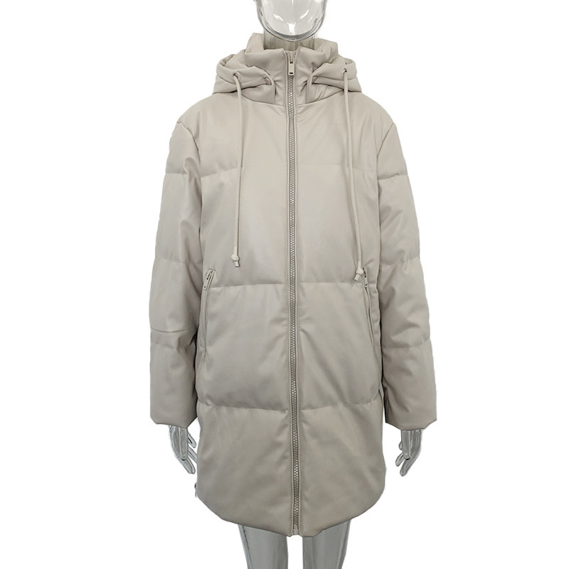 Parkas en duvet pour femmes Malina lâche à capuche mode Beige PU cuir manteaux fermeture éclair latérale fendue longue coton vestes dames 220909