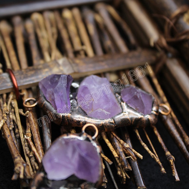 Naturel Gem Pierre Pendentif Charms Antique Cuivre Irrégulier Minerai Grappe Améthystes Violet Cristal Suspension Pendule Femmes Bijoux Reiki