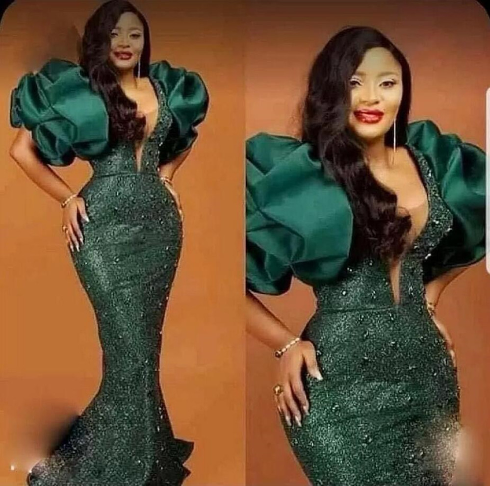 Green Mermaid Evening Dresses with Puff Sleeves Beads Sequined Prom Gowns Plus Size Special Occasion Women Party Dress for African Women BC14347