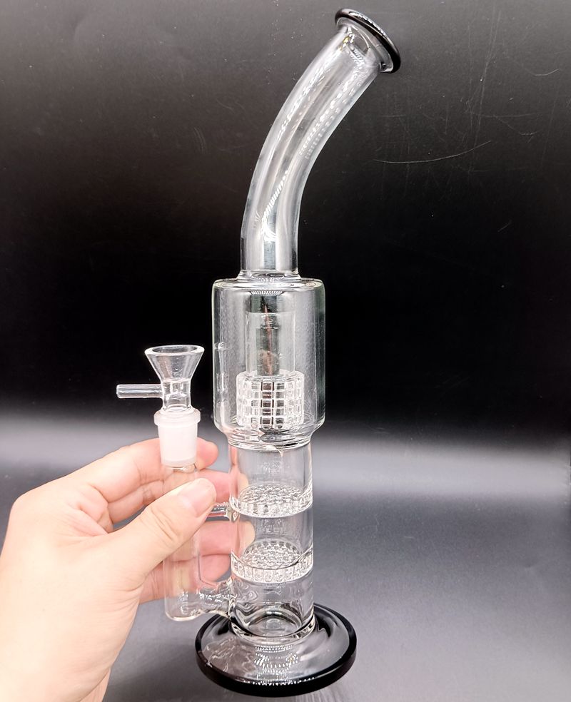 12 inch Clear Glass Water Bong Hookahs with Tire Perc Double Honeycomb Filters Oil Dab Rigs Smoking Pipes