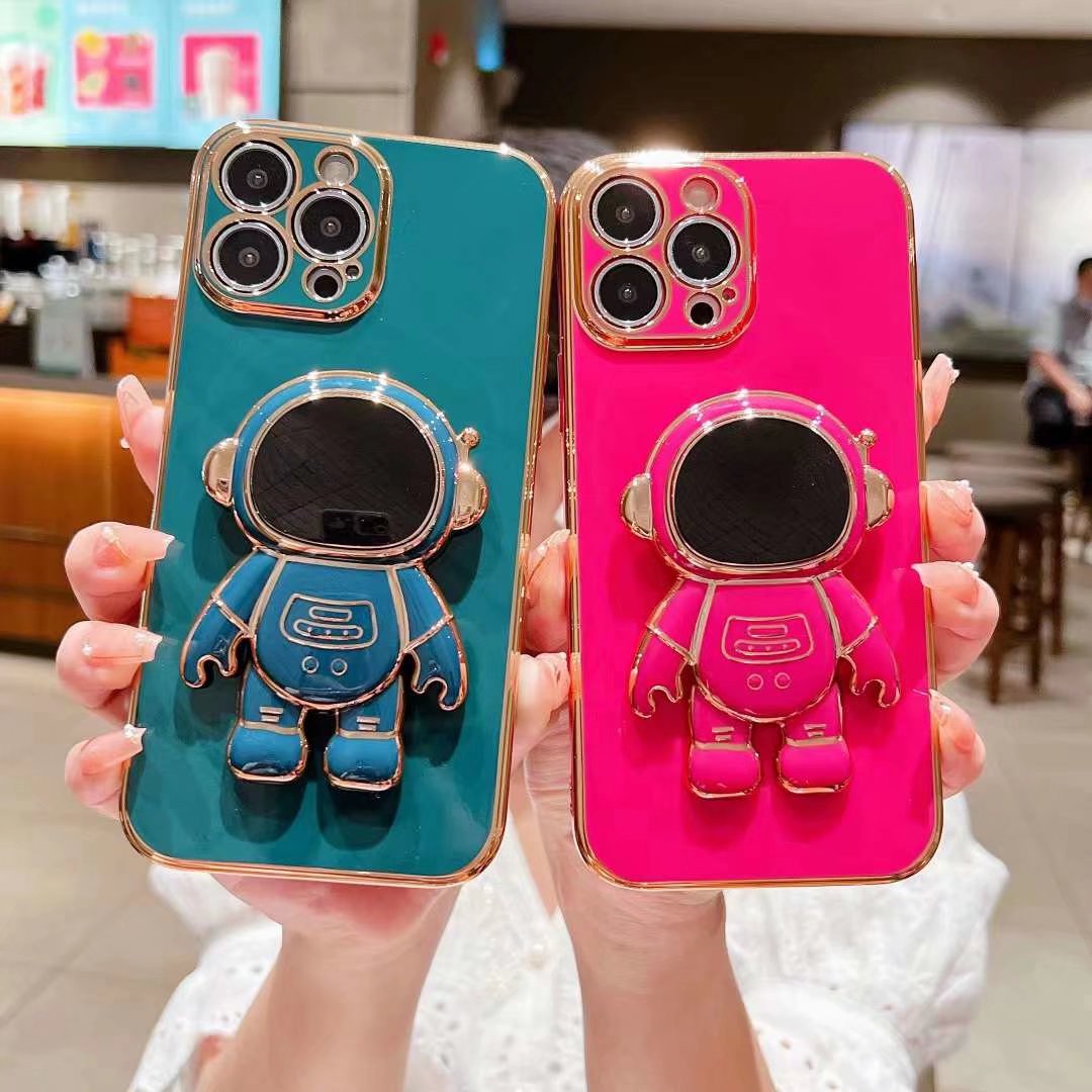 Com espaço astronauta suporte titular casos para iphone 15 14 plus pro max 13 mini 12 11 xr x xs max 8 7 bling macio tpu luxo bonito cromado chapeamento metálico capa de telefone móvel