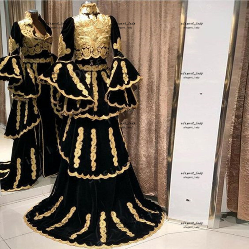 Traditionele Kosovo Albanese prom Formaljurken 2023 Zwart goud kanten moslim Arabische jas met lange mouwen Caftan avondjurk Vestido de fiesta