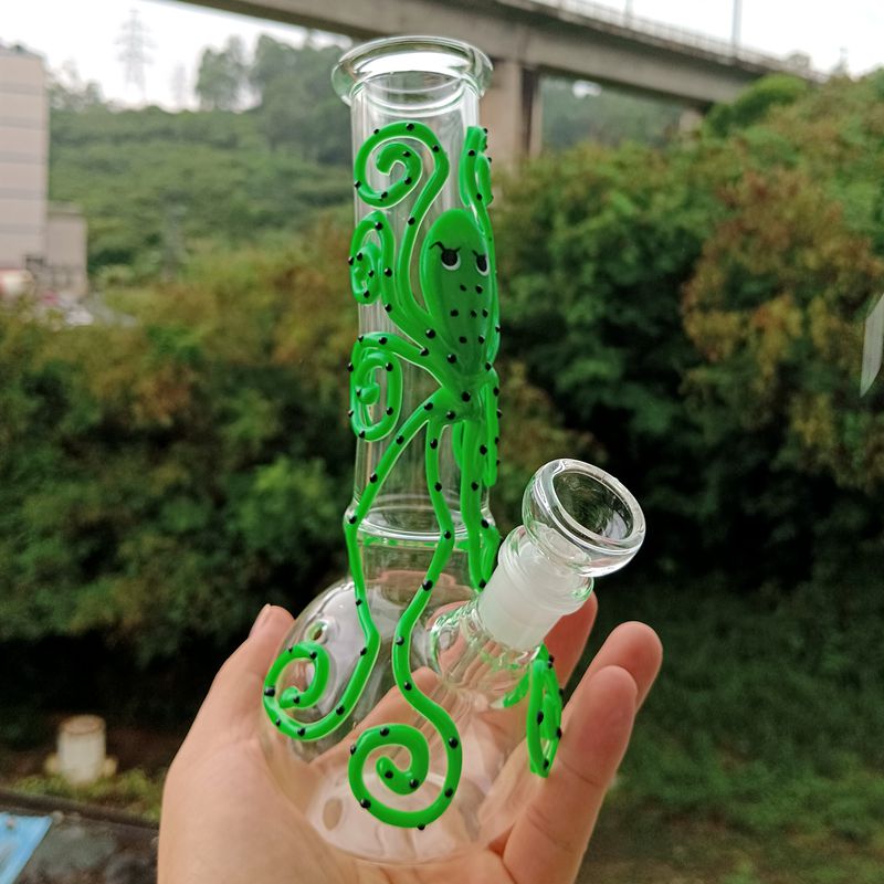 Mini 7.5 inch Glass Water Bong Hookahs with Luminous Green Octopus Female 14mm Oil Dab Rigs Shisha for Smoking