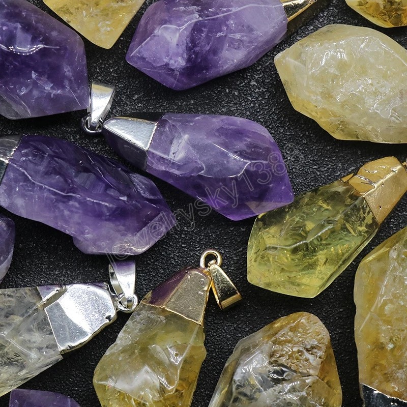 Guérison Pierre Naturelle Pendentif Collier Irrégulier Pointu Quartz Brut Améthystes Citrines Jaune Violet Cristal Collier pour Femmes