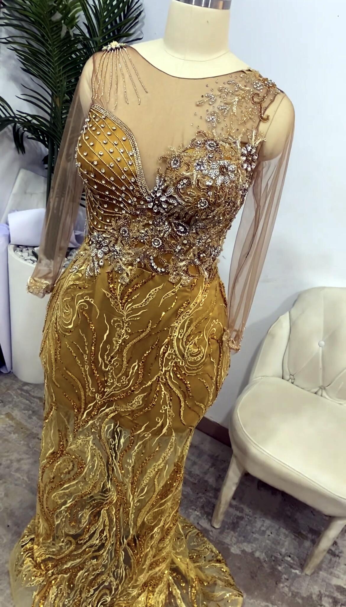 2022 Arabisch Aso Ebi Gold Mermaid Prom Dresses Lound Lace Sexy Evening Formeel feest tweede receptie verjaardag verlovingsjurken jurk zj622