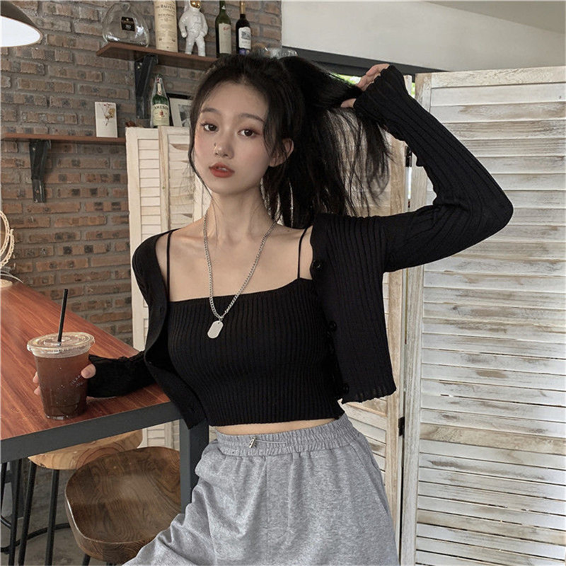 Women's Sweaters Korean Style Two Piece Set Cardigan Women Sexy Autumn Candy Color Long Sleeve Ribbed Knitted Cropped Sweater and Matching Vest 220909