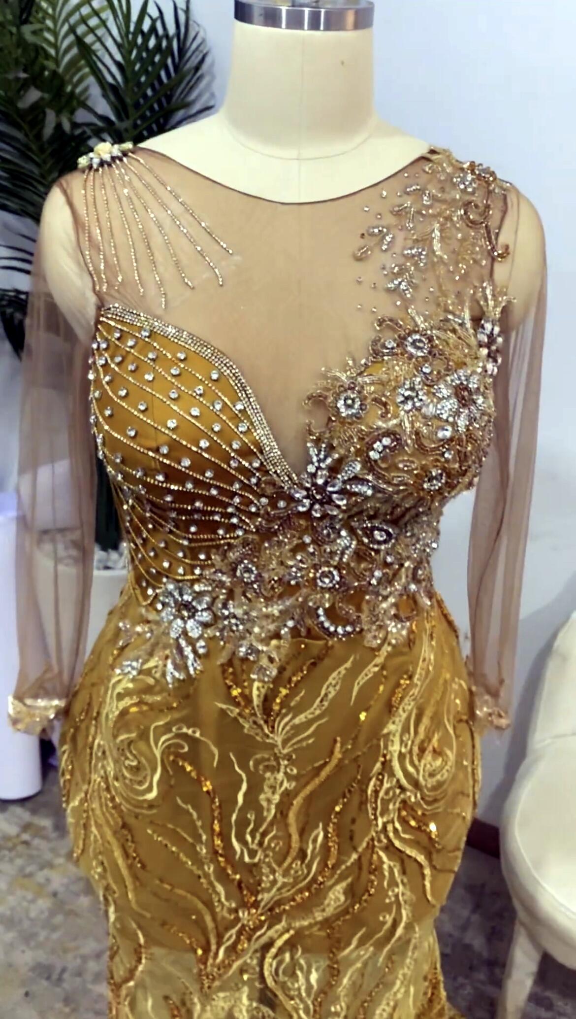 2022 Arabic Aso Ebi Gold Mermaid Prom Dresses Sequined Lace Sexy Evening Formal Party Second Reception Birthday Engagement Gowns Dress ZJ622