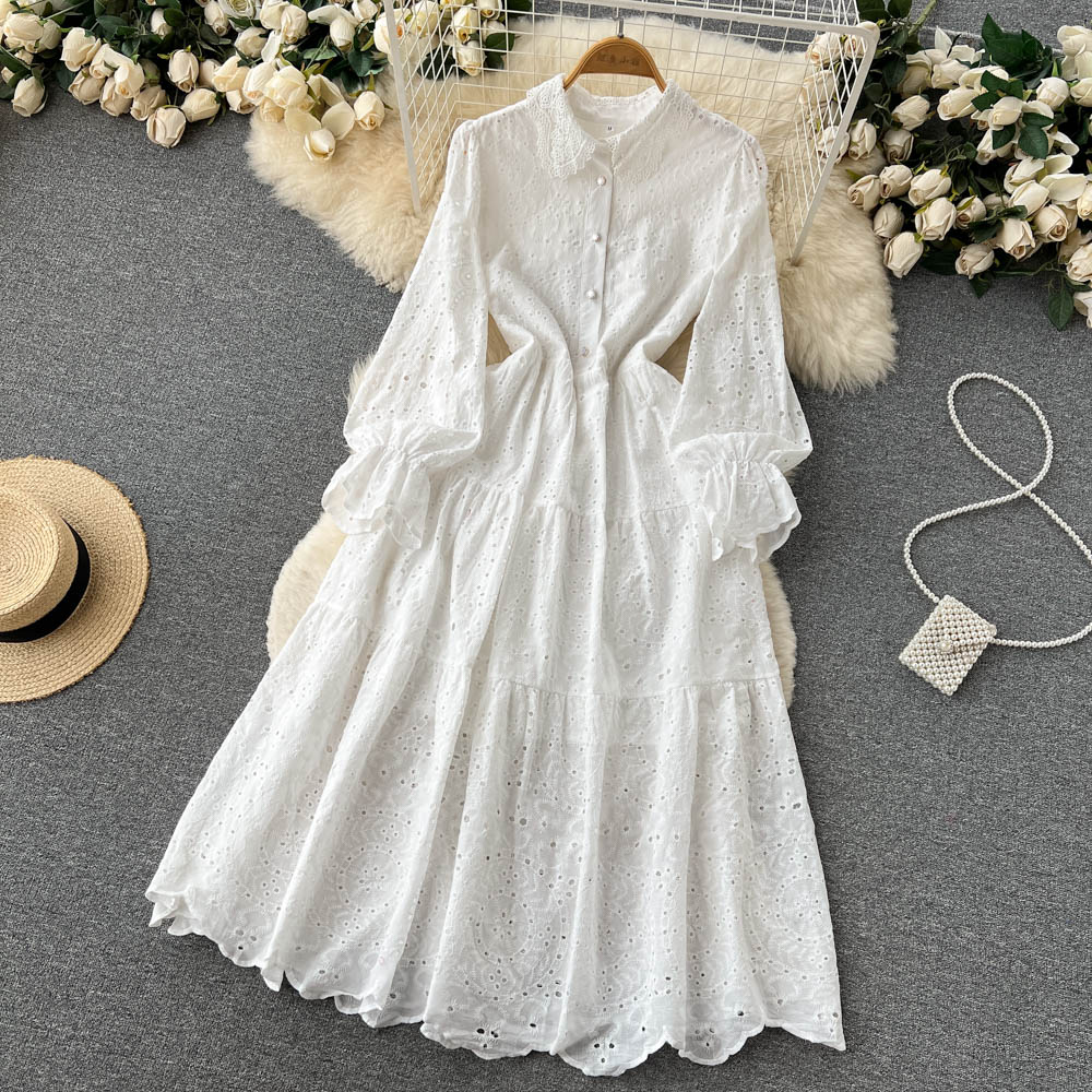 New Casual Summer Solid Slim Full Lady Dress A Line Tuendown Collar Button Chiffon Single Breated Women Dresses 2023