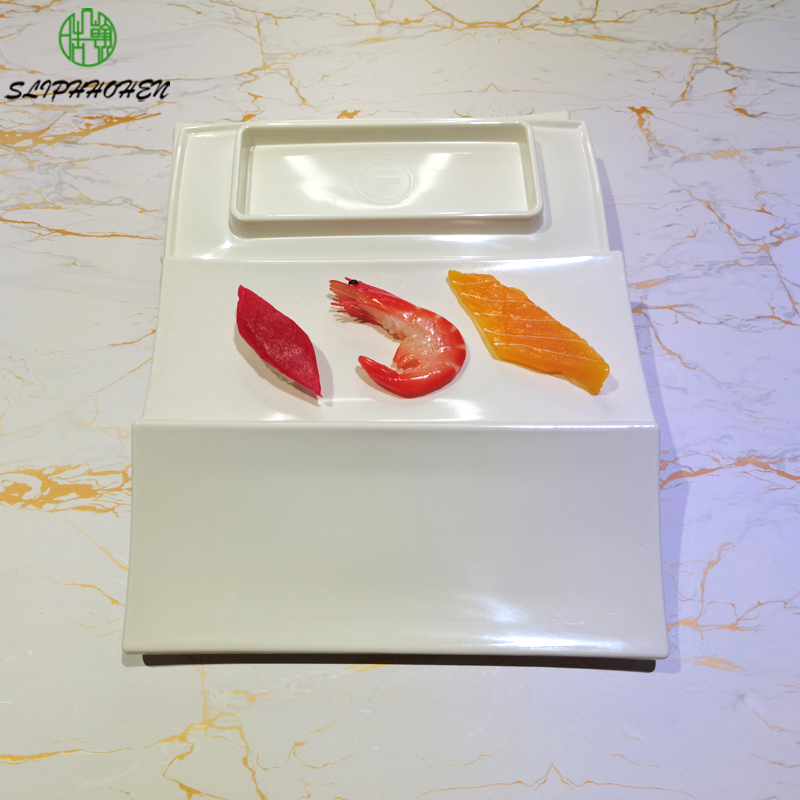 Platos Sashimi rectangulares blancos de melamina A5, vajilla de comedor, plato de cena de 9 pulgadas, vajilla de porcelana de imitación
