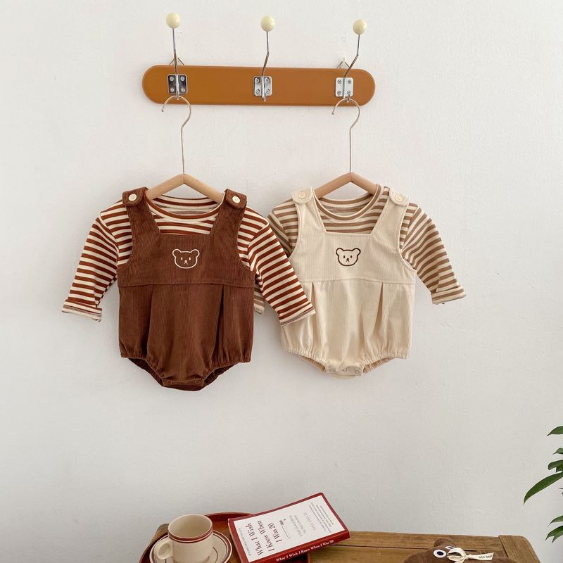 Rompers Baby Clothes Sets Cotton Baby Striped Tshirt Bear Embroidered Straps Romper Triangle Bodysuit Jumpsuit 220909