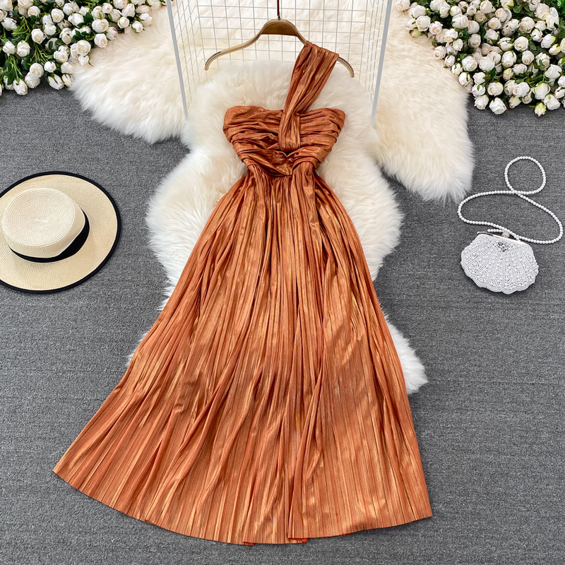 Fashion Halter Neck Tube Top Strapless Pleated Dress Women High Waist Large Hem Maxi Dresses Woman Sexy Vestido De Mujer 2023