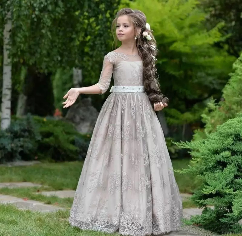 Prenses Çiçek Kız Elbiseler Düğün Dantel Aplikler İçin Genç Balo Kıyafetleri Tül Uzun Kollu Çiçek Kız Elbise Satış için