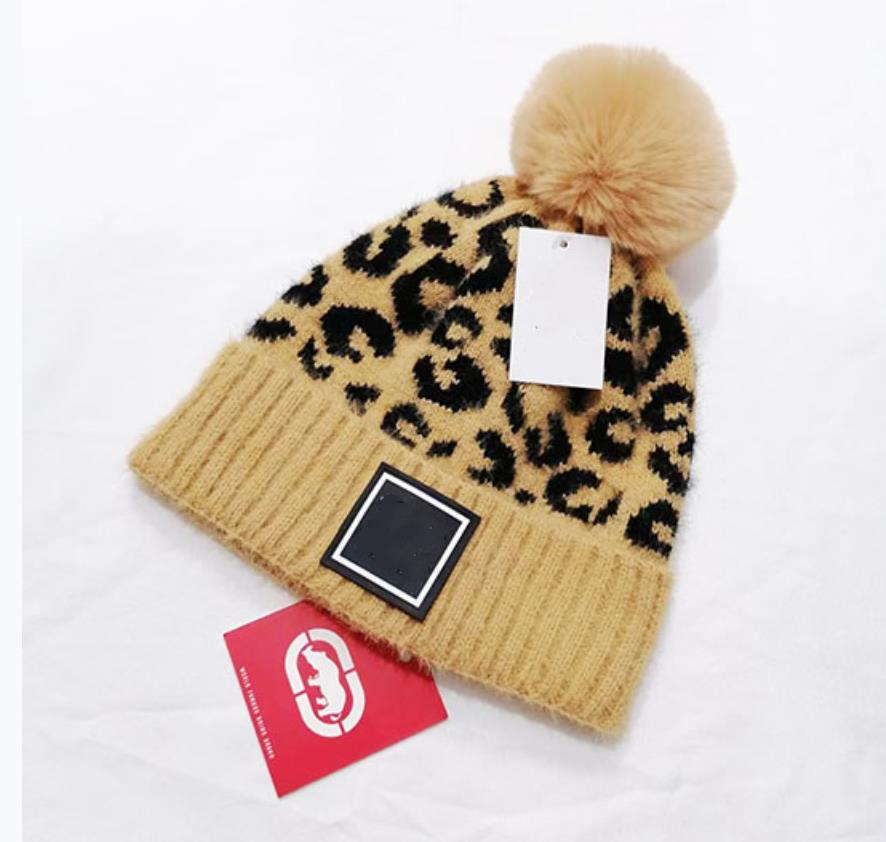 2022 New Fashion Women Winter Hats Leopard Knitted Beanies Caps Hair Ball Thick Girls Winter Warm Hat