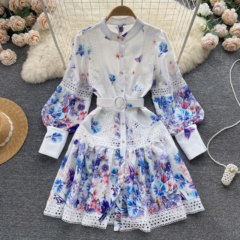 New Casual Dresses Summer Floral Print Slim Button Lady Dress A Line O Neck Chiffon Single Breasted Women Dresses 2023