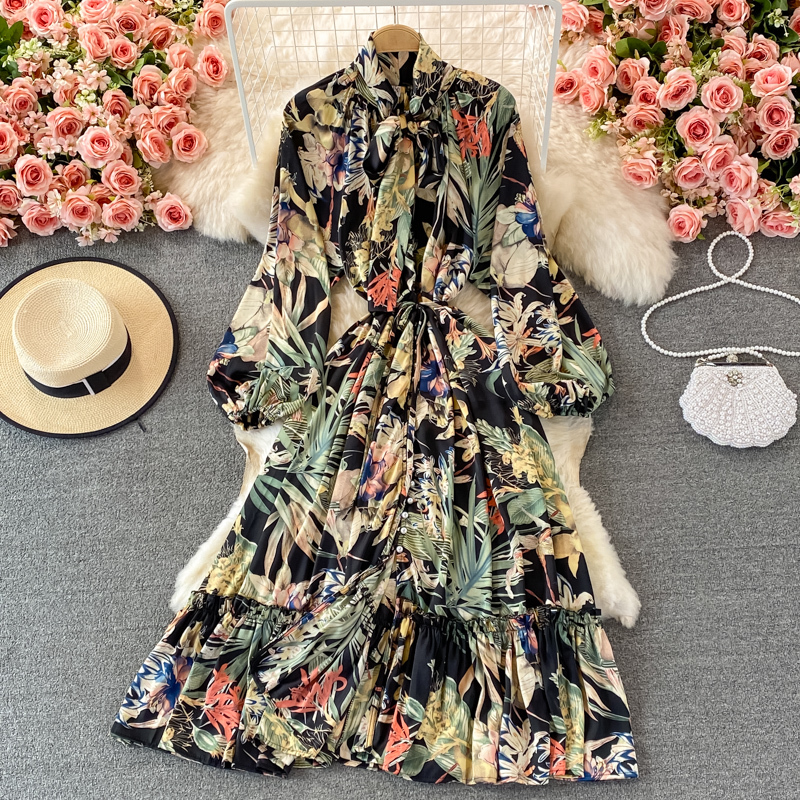 Women Elegant Floral Print Maxi Dress Spring Autumn Bow Collar Puff Sleeve Loose Vintage Vestidos Boho Ruffles Dress Robe 2023