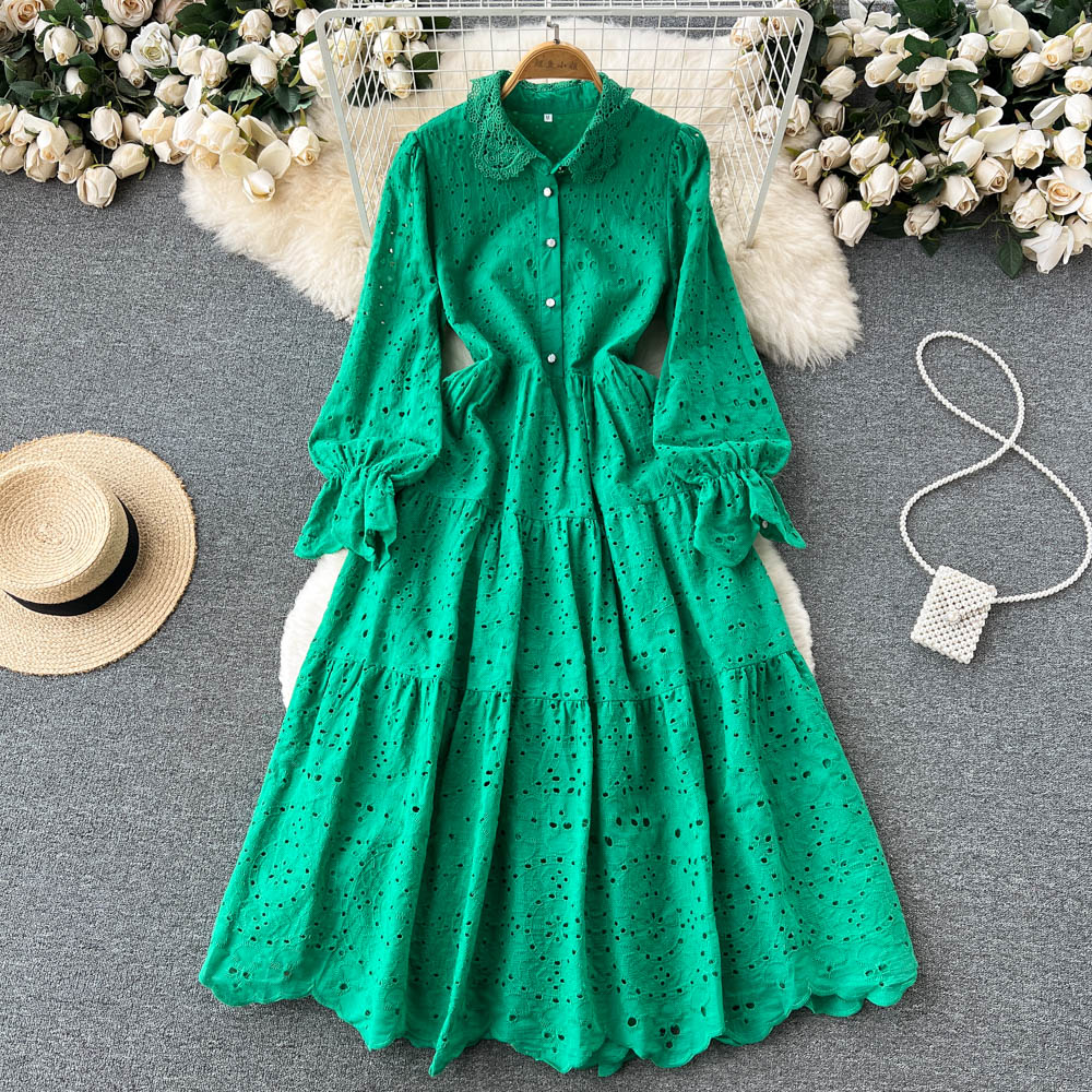 New Casual Summer Solid Slim Full Lady Dress A Line Tuendown Collar Button Chiffon Single Breated Women Dresses 2023