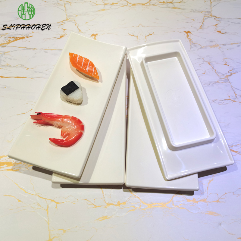 Platos Sashimi rectangulares blancos de melamina A5, vajilla de comedor, plato de cena de 9 pulgadas, vajilla de porcelana de imitación