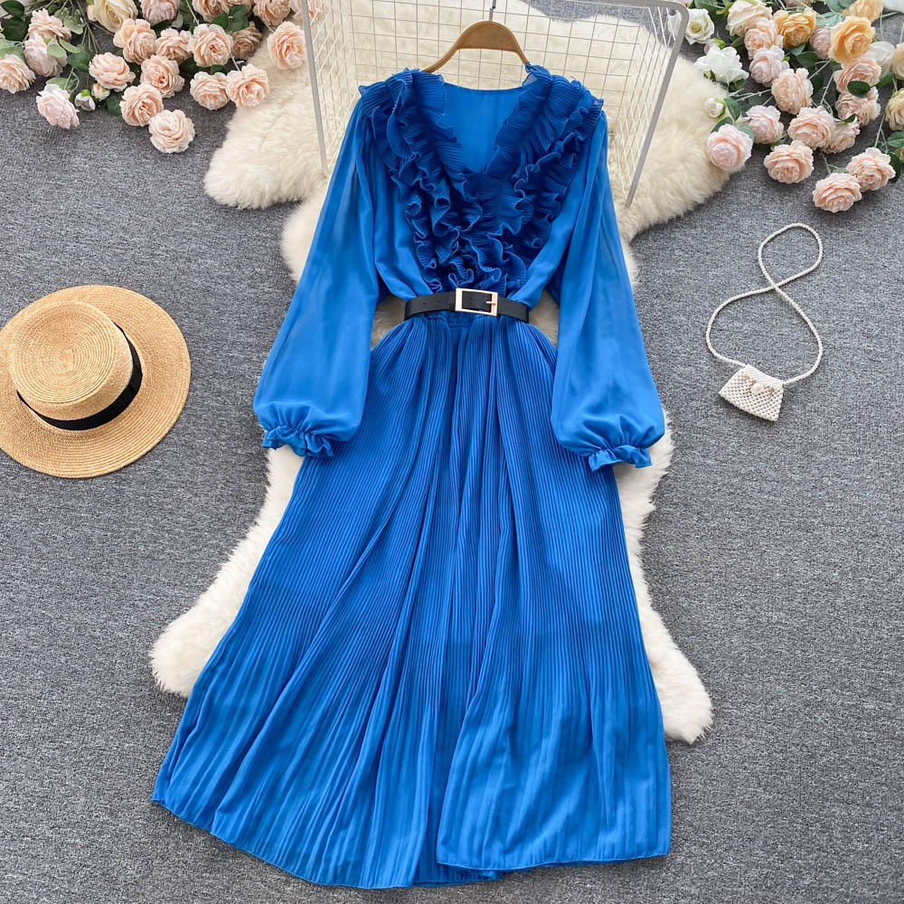 New Casual Summer Solid Slim Full Lady Dress A Line V Neck Chiffon Pullover Mid-Calf High Waist Women Dresses 2023