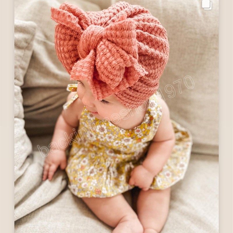 Automne hiver tricot gros nœuds bébé chapeau solide doux nouveau-né filles Turban casquette enfant en bas âge enfants noeud chapeaux bonnet