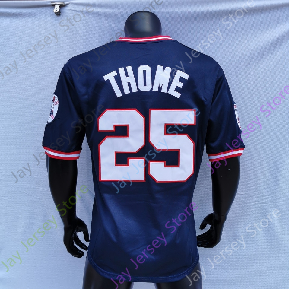 Camisola Jim Thome 1995 WS Navy Vintage White Button Turn Back Red Pullover Hall Of Fame Patch Cinza Tamanho S-3XL