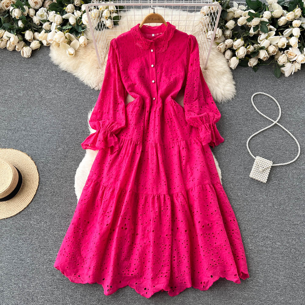 New Casual Summer Solid Slim Full Lady Dress A Line Tuendown Collar Button Chiffon Single Breated Women Dresses 2023