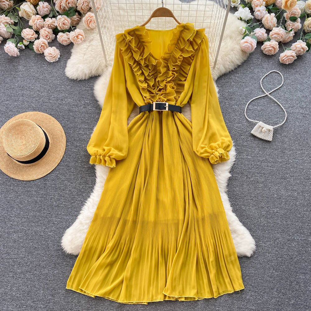 New Casual Summer Solid Slim Full Lady Dress A Line V Neck Chiffon Pullover Mid-Calf High Waist Women Dresses 2023