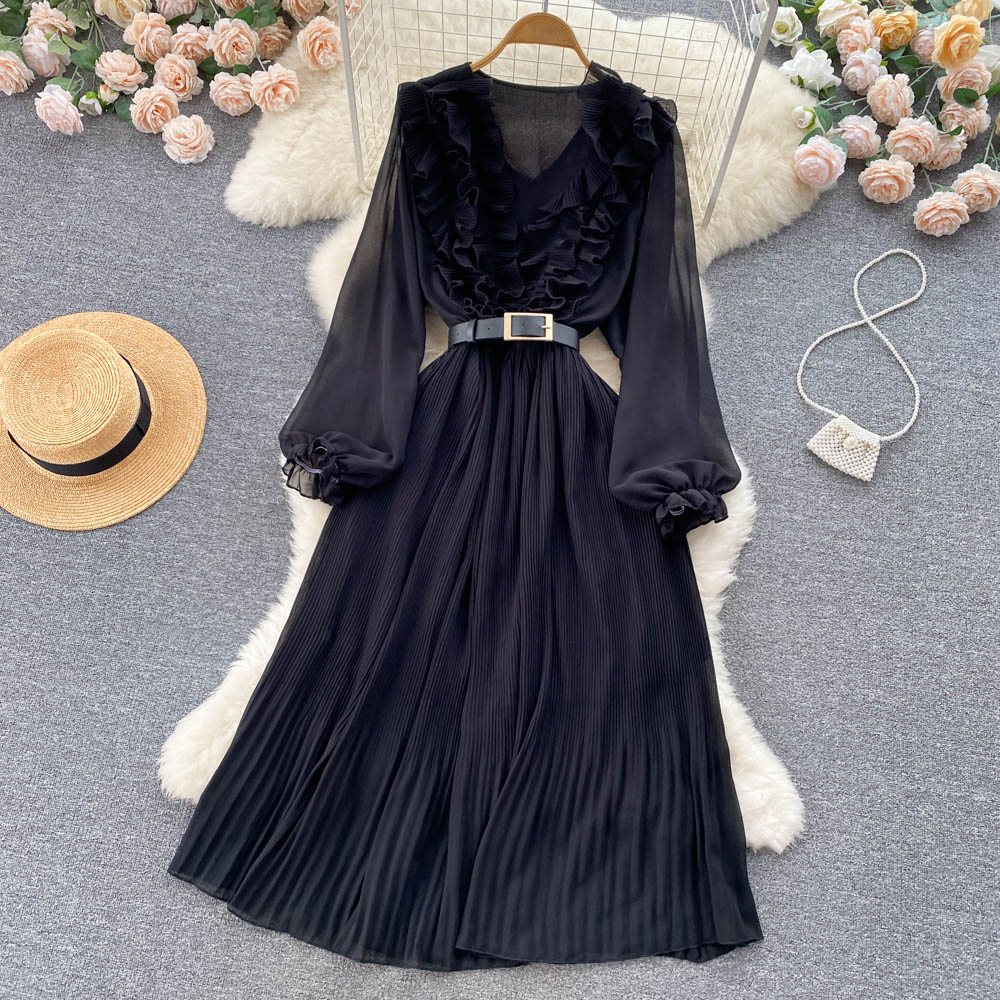 New Casual Summer Solid Slim Full Lady Dress A Line V Neck Chiffon Pullover Mid-Calf High Waist Women Dresses 2023