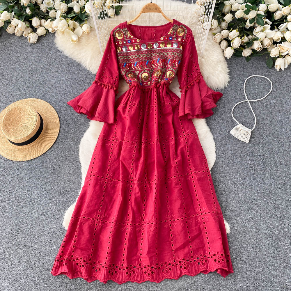 New Beach Casual Dresses Summer Floral Print Slim Full Lady Dress A Line O Neck Chiffon Pullover Mid-Calf High Waist Women Dresses 2023