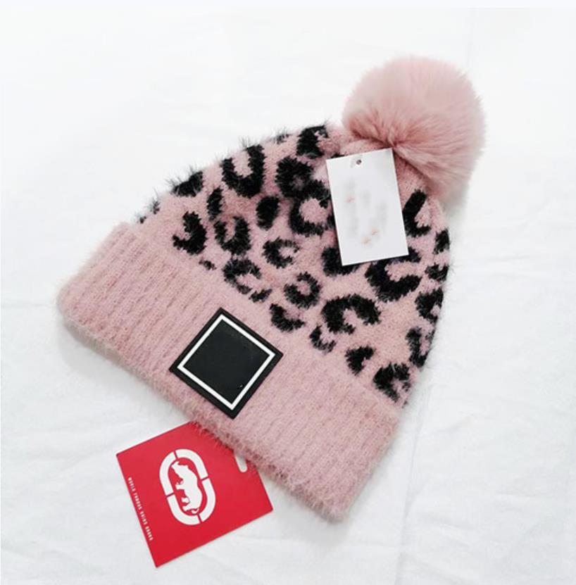 2022 New Fashion Women Winter Hats Leopard Knitted Beanies Caps Hair Ball Thick Girls Winter Warm Hat