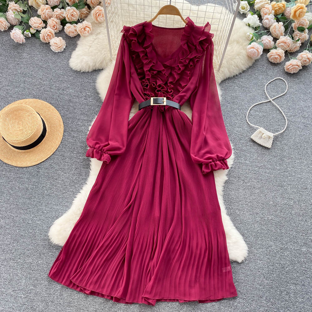 New Casual Summer Solid Slim Full Lady Dress A Line V Neck Chiffon Pullover Mid-Calf High Waist Women Dresses 2023