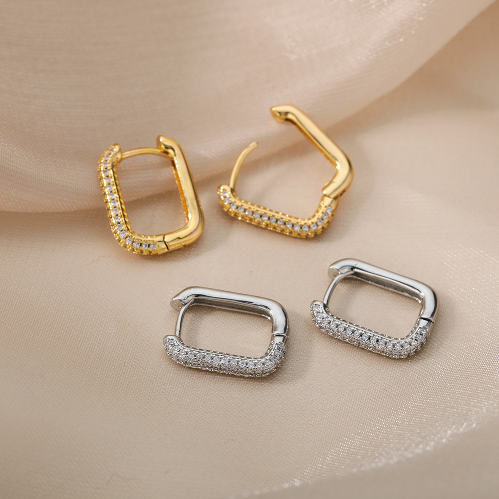 Boucles d'oreilles créoles carrées pour femmes en acier inoxydable brillant Zircon cubique boucle d'oreille bijoux de fête